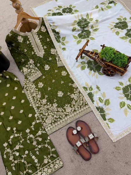 Breathtaking Mehendi Green Party Wear Embroidered Top Plazo Set with Diamond Work Dupatta at Wholesale Rate Embroidery Kurtis 