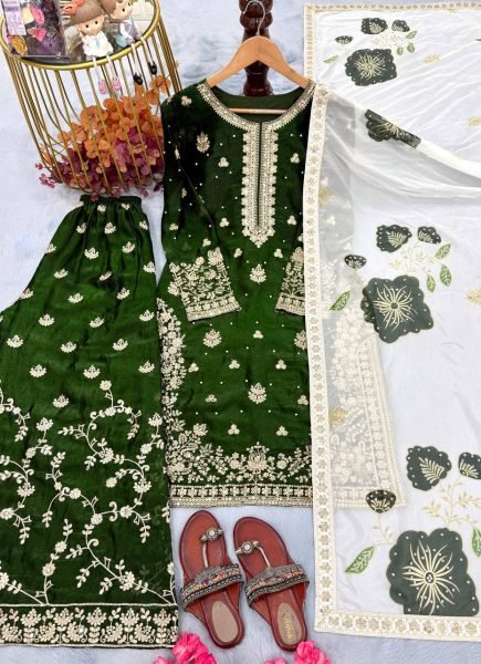Breathtaking Mehendi Green Party Wear Embroidered Top Plazo Set with Diamond Work Dupatta at Wholesale Rate Embroidery Kurtis 