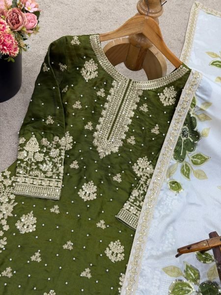 Breathtaking Mehendi Green Party Wear Embroidered Top Plazo Set with Diamond Work Dupatta at Wholesale Rate Embroidery Kurtis 