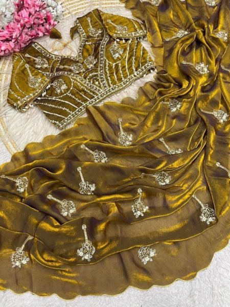 Breathtaking Mustard Gold Fandy Satin Saree with Beautiful Khatli Brits Work For Festival  