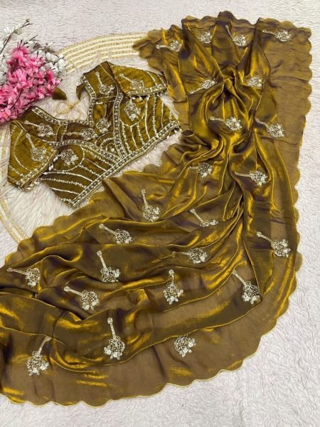 Breathtaking Mustard Gold Fandy Satin Saree with Beautiful Khatli Brits Work For Festival  Bollywood Fancy Sarees Wholesale