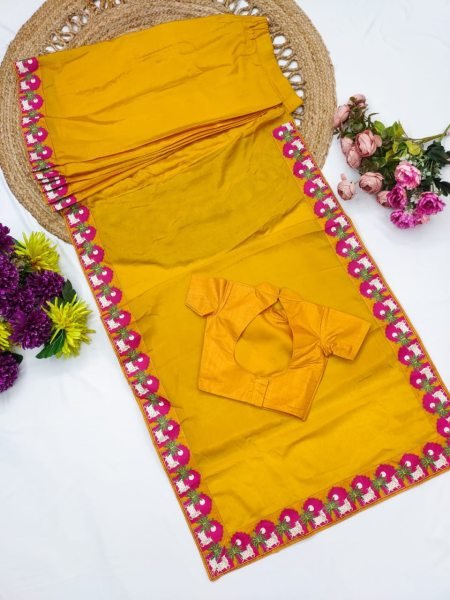 Breathtaking Mustard Yellow Girls Silk Finish Saree with Contrast Printed Border For Onam Girls Wear
