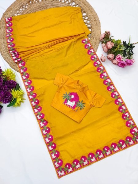 Breathtaking Mustard Yellow Girls Silk Finish Saree with Contrast Printed Border For Onam Girls Wear