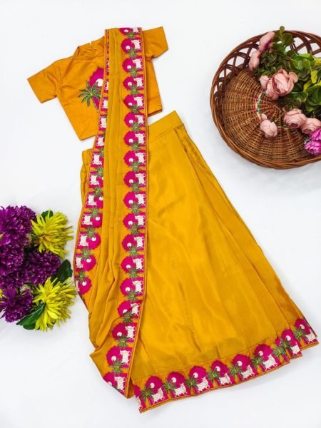 Breathtaking Mustard Yellow Girls Silk Finish Saree with Contrast Printed Border For Onam Girls Wear