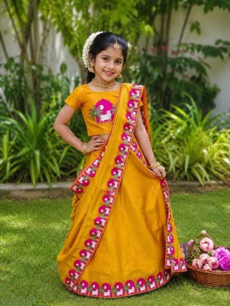 Breathtaking Mustard Yellow Girls Silk Finish Saree with Contrast Printed Border For Onam Girls Wear