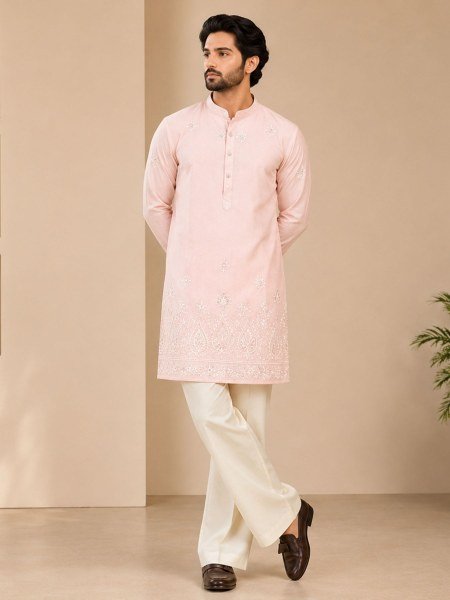 Breathtaking Peach Soft Silk Kurti with Cool Cotton Bell Bottom for Festive Wear 