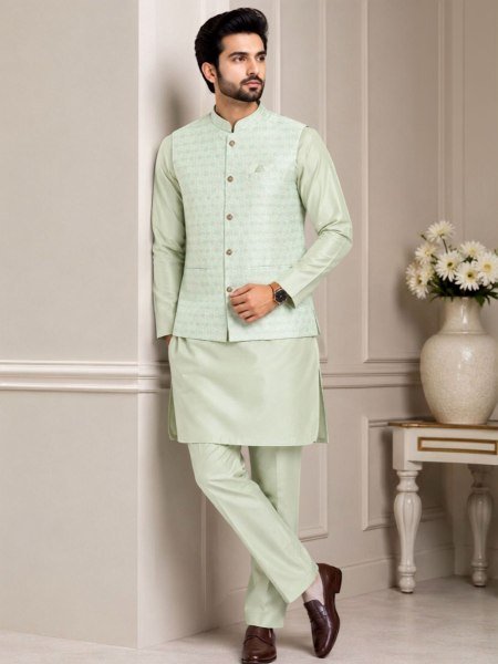 Breathtaking Pista Wedding Kurta Pajama with Heavy Jacquard Nehru Jacket