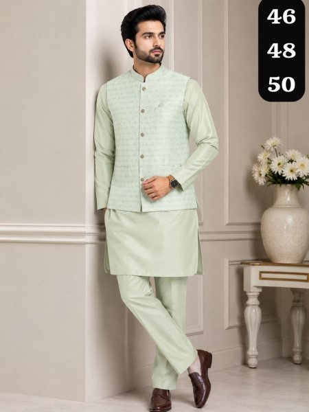 Breathtaking Pista Wedding Kurta Pajama with Heavy Jacquard Nehru Jacket Kurta Pajama Wholesale