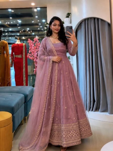 Breathtaking Pink Crunchy Silk Gown Set With Round Neck For Indian Ethnic Wear Exporter 