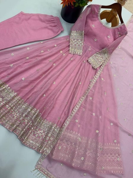 Breathtaking Pink Crunchy Silk Gown Set With Round Neck For Indian Ethnic Wear Exporter Ready To Wear Collection