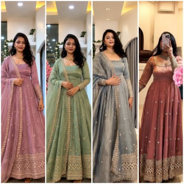 Breathtaking Pink Crunchy Silk Gown Set With Round Neck For Indian Ethnic Wear Exporter Ready To Wear Collection