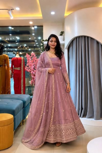 Breathtaking Pink Crunchy Silk Gown Set With Round Neck For Indian Ethnic Wear Exporter Ready To Wear Collection
