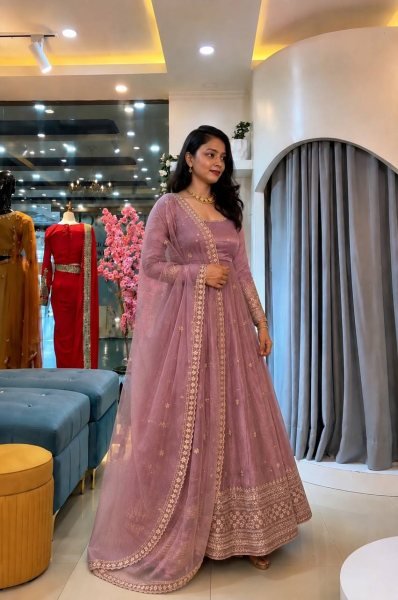 Breathtaking Pink Crunchy Silk Gown Set With Round Neck For Indian Ethnic Wear Exporter Ready To Wear Collection