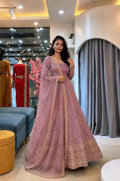 Breathtaking Pink Crunchy Silk Gown Set With Round Neck For Indian Ethnic Wear Exporter Ready To Wear Collection