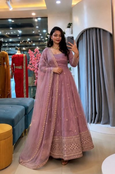 Breathtaking Pink Crunchy Silk Gown Set With Round Neck For Indian Ethnic Wear Exporter Ready To Wear Collection