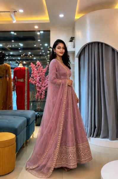 Breathtaking Pink Crunchy Silk Gown Set With Round Neck For Indian Ethnic Wear Exporter Ready To Wear Collection