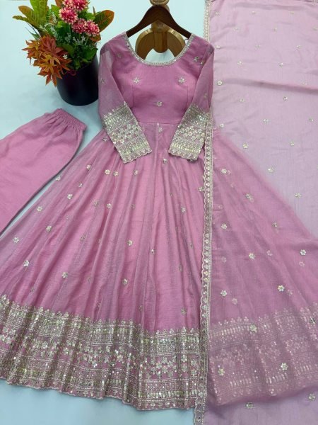 Breathtaking Pink Crunchy Silk Gown Set With Round Neck For Indian Ethnic Wear Exporter Ready To Wear Collection