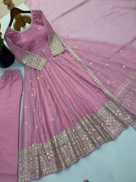Breathtaking Pink Crunchy Silk Gown Set With Round Neck For Indian Ethnic Wear Exporter Ready To Wear Collection