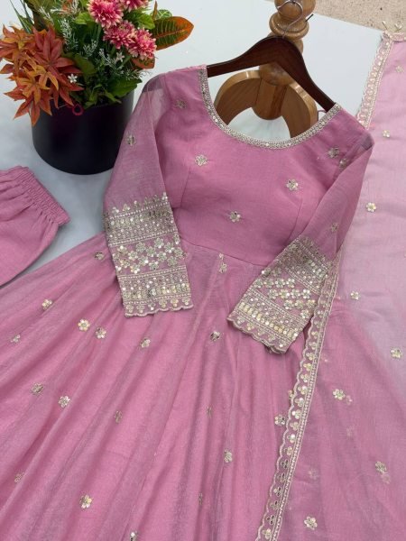 Breathtaking Pink Crunchy Silk Gown Set With Round Neck For Indian Ethnic Wear Exporter Ready To Wear Collection