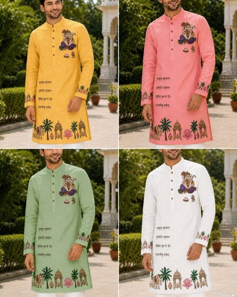 Breathtaking Pink Ganpati Special Men’s Cotton Kurta with Printed Design Kurta Pajama Wholesale