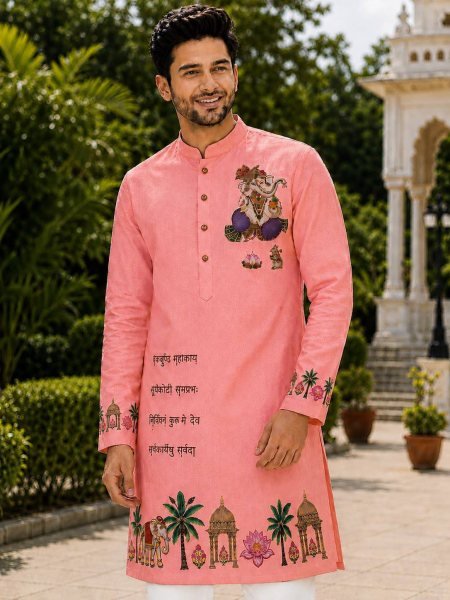 Breathtaking Pink Ganpati Special Men’s Cotton Kurta with Printed Design Kurta Pajama Wholesale