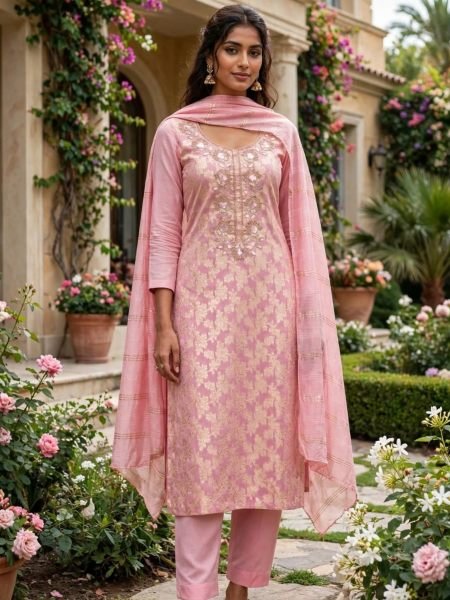 Breathtaking Pink Party Wear Modal Jacquard Suit with Chanderi Dupatta at Wholesale Rate Dress Material 