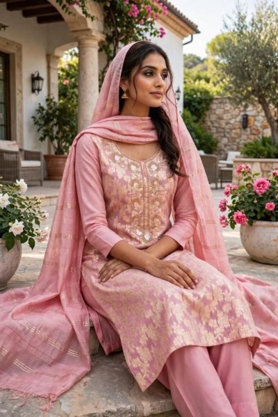Breathtaking Pink Party Wear Modal Jacquard Suit with Chanderi Dupatta at Wholesale Rate Color Set Matching Dress Material Wholesale