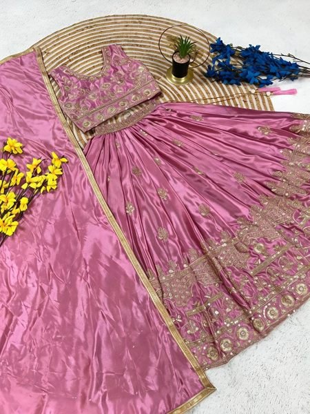 Breathtaking Pink Soft Chinon Silk Lehenga Choli with Sequins Embroidery for Wedding Wear Girls Wear