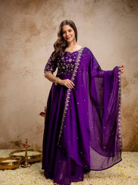 Breathtaking Purple Chinon Embroidered Anarkali Dress with Dupatta for Festive Wear Kurtis
