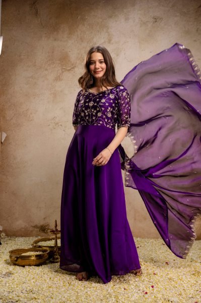 Breathtaking Purple Chinon Embroidered Anarkali Dress with Dupatta for Festive Wear Anarkali Kurtis 