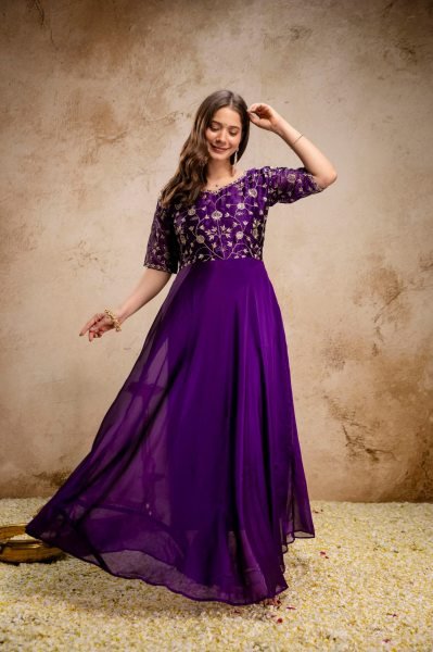 Breathtaking Purple Chinon Embroidered Anarkali Dress with Dupatta for Festive Wear Anarkali Kurtis 