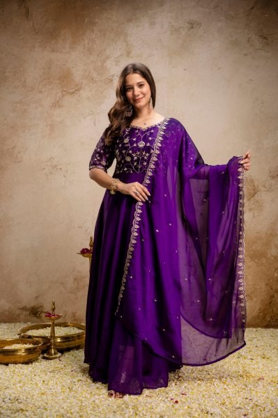 Breathtaking Purple Chinon Embroidered Anarkali Dress with Dupatta for Festive Wear Anarkali Kurtis 