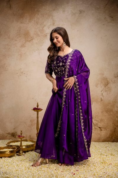 Breathtaking Purple Chinon Embroidered Anarkali Dress with Dupatta for Festive Wear Anarkali Kurtis 
