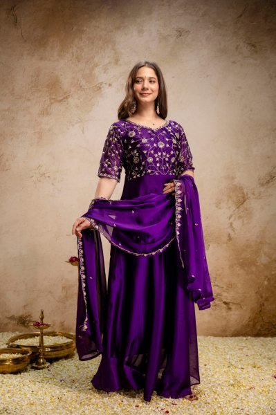 Breathtaking Purple Chinon Embroidered Anarkali Dress with Dupatta for Festive Wear Anarkali Kurtis 