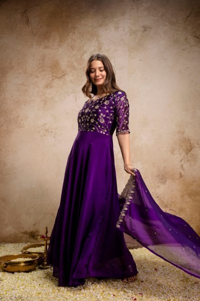 Breathtaking Purple Chinon Embroidered Anarkali Dress with Dupatta for Festive Wear Anarkali Kurtis 
