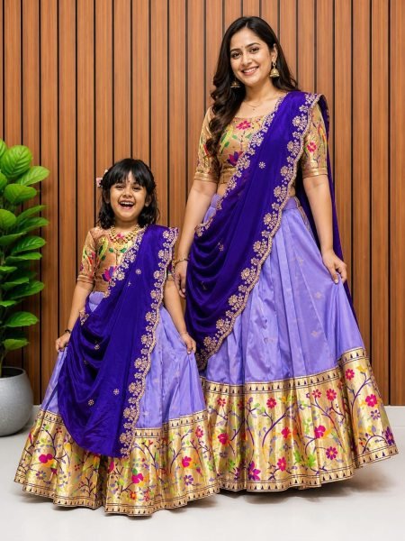 Breathtaking Purple Kids Paithani Silk Lehenga Set with Full Flair  Canvas Finish and Silk Dupatta Mom-Doughter Collection