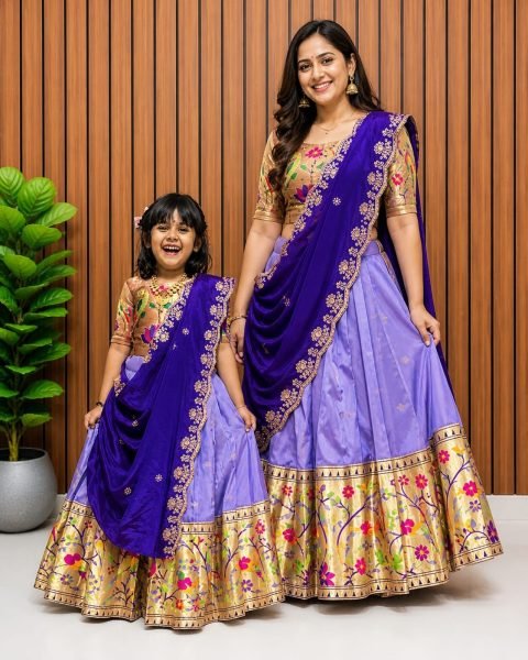 Breathtaking Purple Kids Paithani Silk Lehenga Set with Full Flair  Canvas Finish and Silk Dupatta Mom-Doughter Collection