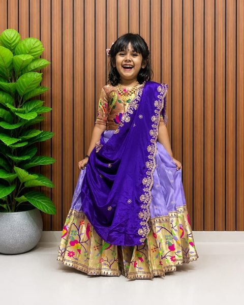 Breathtaking Purple Kids Paithani Silk Lehenga Set with Full Flair  Canvas Finish and Silk Dupatta Mom-Doughter Collection