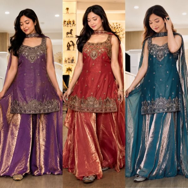 Breathtaking Purple Pure Frendy Silk Embroidered Kurti with Umbrella Palazzo and Dupatta Ready To Wear Collection
