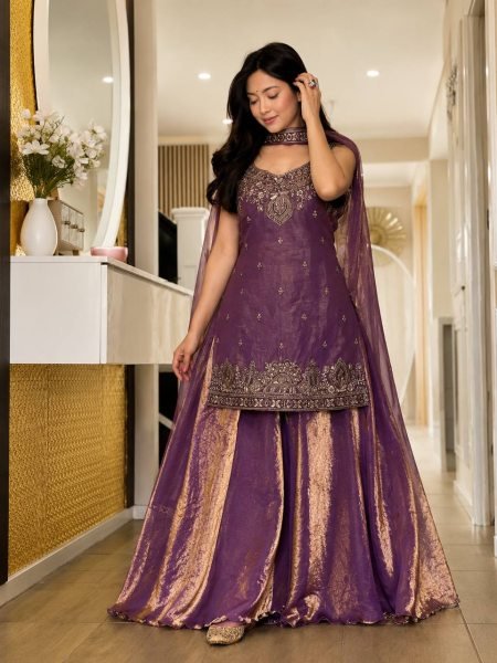Breathtaking Purple Pure Frendy Silk Embroidered Kurti with Umbrella Palazzo and Dupatta Ready To Wear Collection