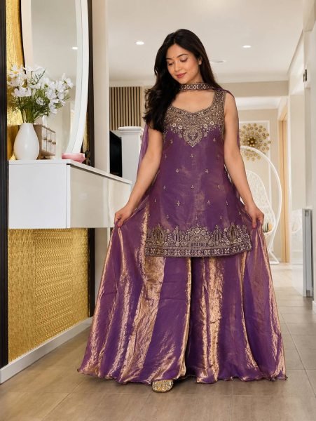 Breathtaking Purple Pure Frendy Silk Embroidered Kurti with Umbrella Palazzo and Dupatta Ready To Wear Collection