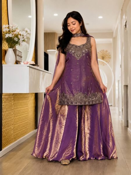 Breathtaking Purple Pure Frendy Silk Embroidered Kurti with Umbrella Palazzo and Dupatta Ready To Wear Collection