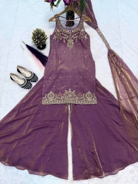 Breathtaking Purple Pure Frendy Silk Embroidered Kurti with Umbrella Palazzo and Dupatta Ready To Wear Collection