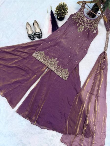 Breathtaking Purple Pure Frendy Silk Embroidered Kurti with Umbrella Palazzo and Dupatta Ready To Wear Collection