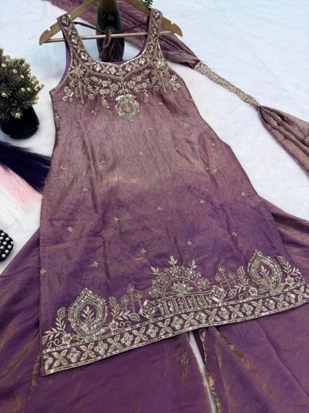 Breathtaking Purple Pure Frendy Silk Embroidered Kurti with Umbrella Palazzo and Dupatta Ready To Wear Collection