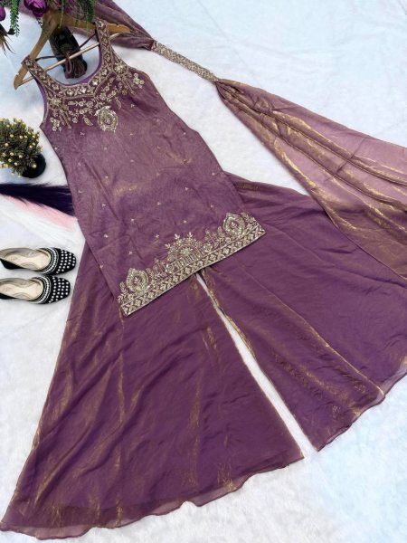 Breathtaking Purple Pure Frendy Silk Embroidered Kurti with Umbrella Palazzo and Dupatta Ready To Wear Collection