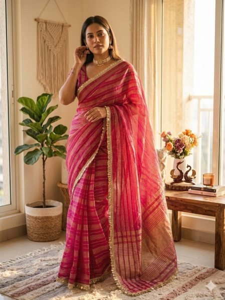 Breathtaking Rani Pink Soft Tissue Silk Saree with Lace Border for Party Wear Silk Sarees Wholesale