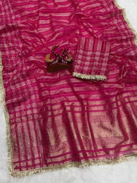 Breathtaking Rani Pink Soft Tissue Silk Saree with Lace Border for Party Wear Silk Sarees Wholesale
