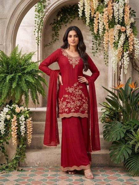 Breathtaking Red Designer Chinnon Suit Set with Beaded Top and Bottom at Wholesale Rate Salwar Kameez