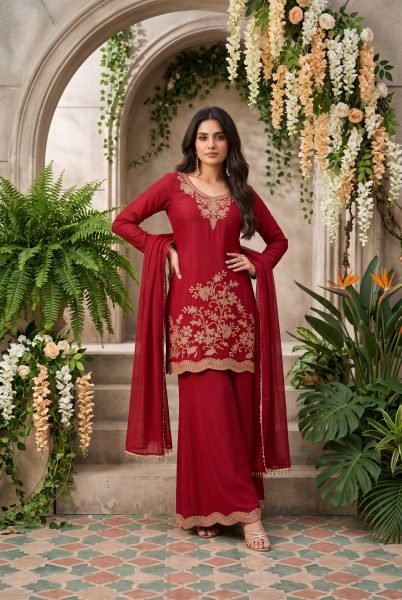 Breathtaking Red Designer Chinnon Suit Set with Beaded Top and Bottom at Wholesale Rate Designer Plazzo Salwar Suits Wholesale